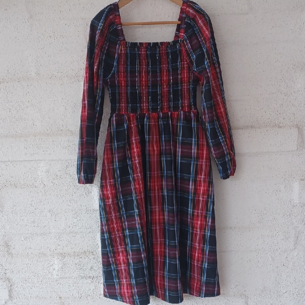 Draper James RSVP Plaid Midi Dress, Smocked Bodice, Lantern Sleeves, Pockets, XS